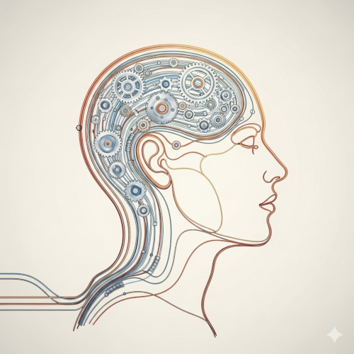 Conceptual image depicting a human mind integrated with mechanical gears, illustrating the importance of understanding human cognition when designing technology.