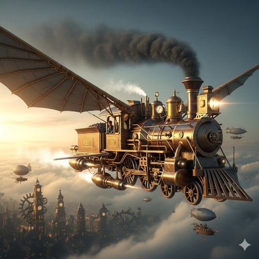 A fantastical
      steampunk flying train with prominent wings and smoking chimneys soars
      through sunlit clouds above a detailed, elaborate cityscape at golden
      hour, embodying "Curiosity is the engine of achievement."