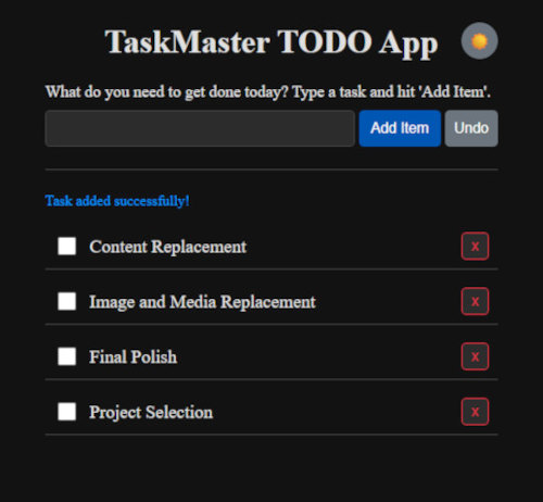 Screenshot of Task Master to-do app version 1.