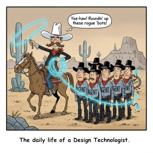 Comic of a cowboy using a glowing energy lasso to synchronize a group of AI agents.