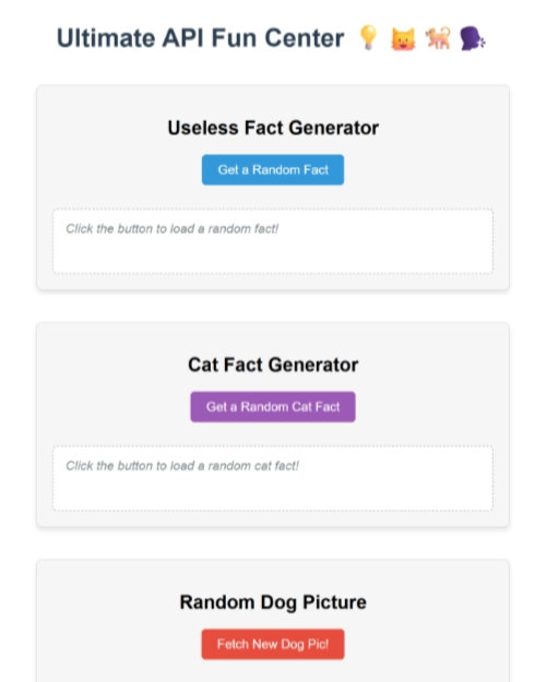 Preview: API Fun Center dashboard cards for asynchronous data streams.