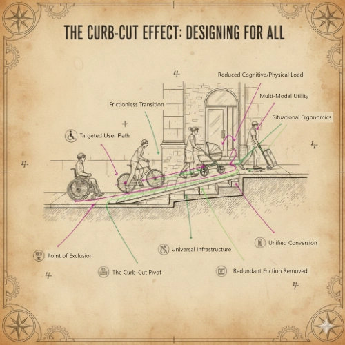 Technical schematic on aged parchment showing a sidewalk curb-cut ramp design.