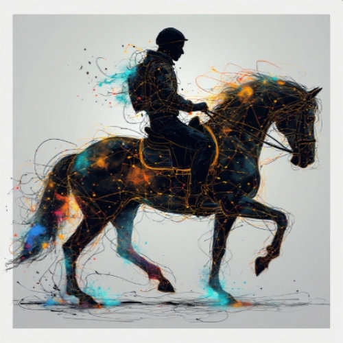 Transcendental silhouette of a horse and rider composed of cosmic energy and astrological lines.