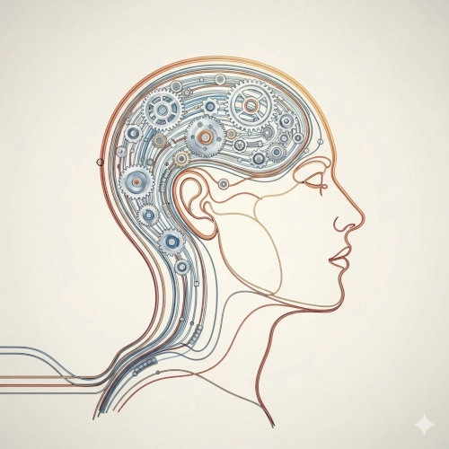 Technical blueprint of a human profile with mechanical gears and circuits inside the cranium.