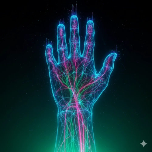 Anatomical hand reaching upward, with glowing nerves transitioning into a 3D digital wireframe.