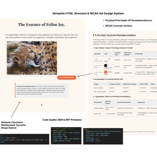 Technical design study showcasing semantic HTML, WCAG AA tokens, and BEM code snippets.