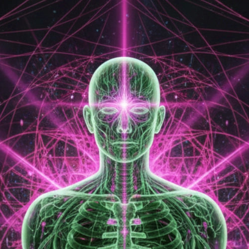 Macro close-up of a translucent head in meditation with a magenta geometric energy lattice.