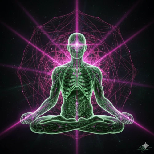 Anatomical figure merging biological systems with a digital grid.