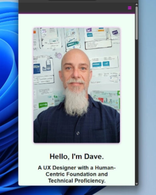 Mobile-responsive screenshot of the portfolio layout featuring a navigation bar and portrait.