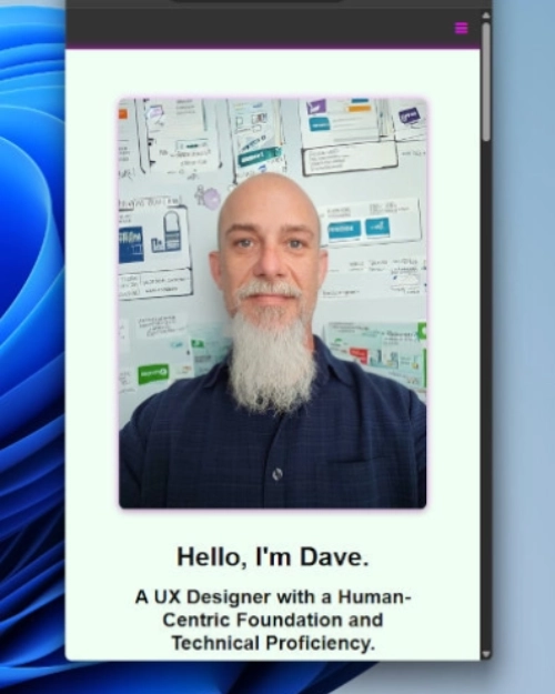 Preview: Development screenshot of the portfolio layout and profile portrait.