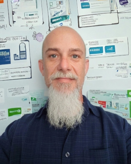 Professional portrait of David Villers against a colorful AI-generated whiteboard background.
