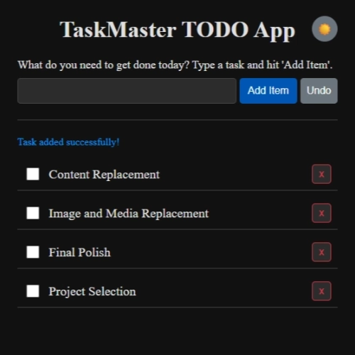Preview: TaskMaster dark-mode interface with theme-engine toggle.